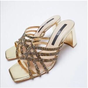 Zara Gold Square Peep Toe Block Heel Mule Sandals Sz 8.5 Prom Wedding Sparkly